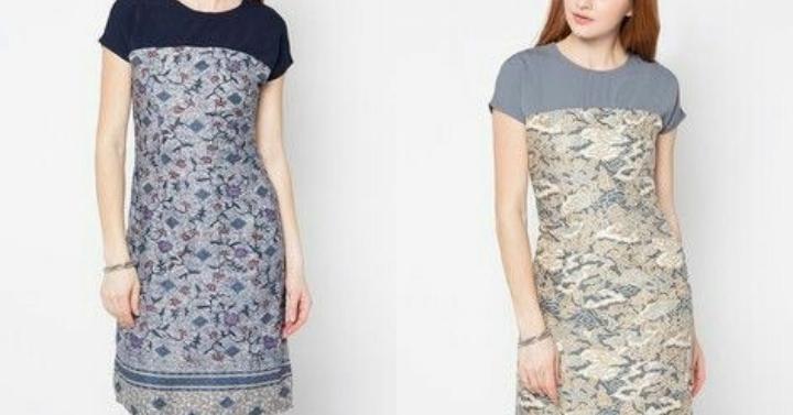 dress batik dengan potongan kain polos